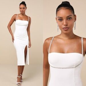 Lulus Upscale Flirt Bodycon Midi Dress Small Ivory White Rhinestone Slit Bridal